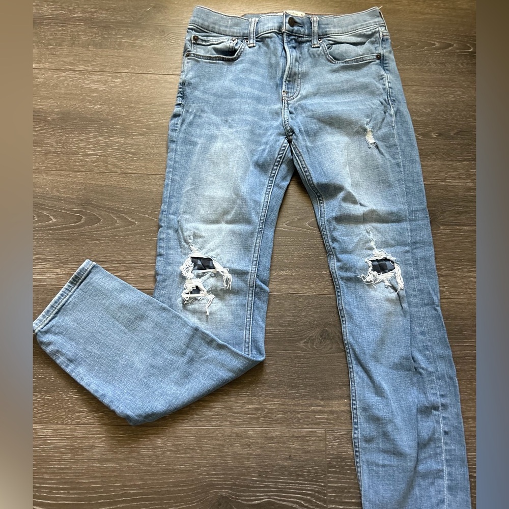 Abercrombie Kids Distressed Blue Skinny Jeans with patches